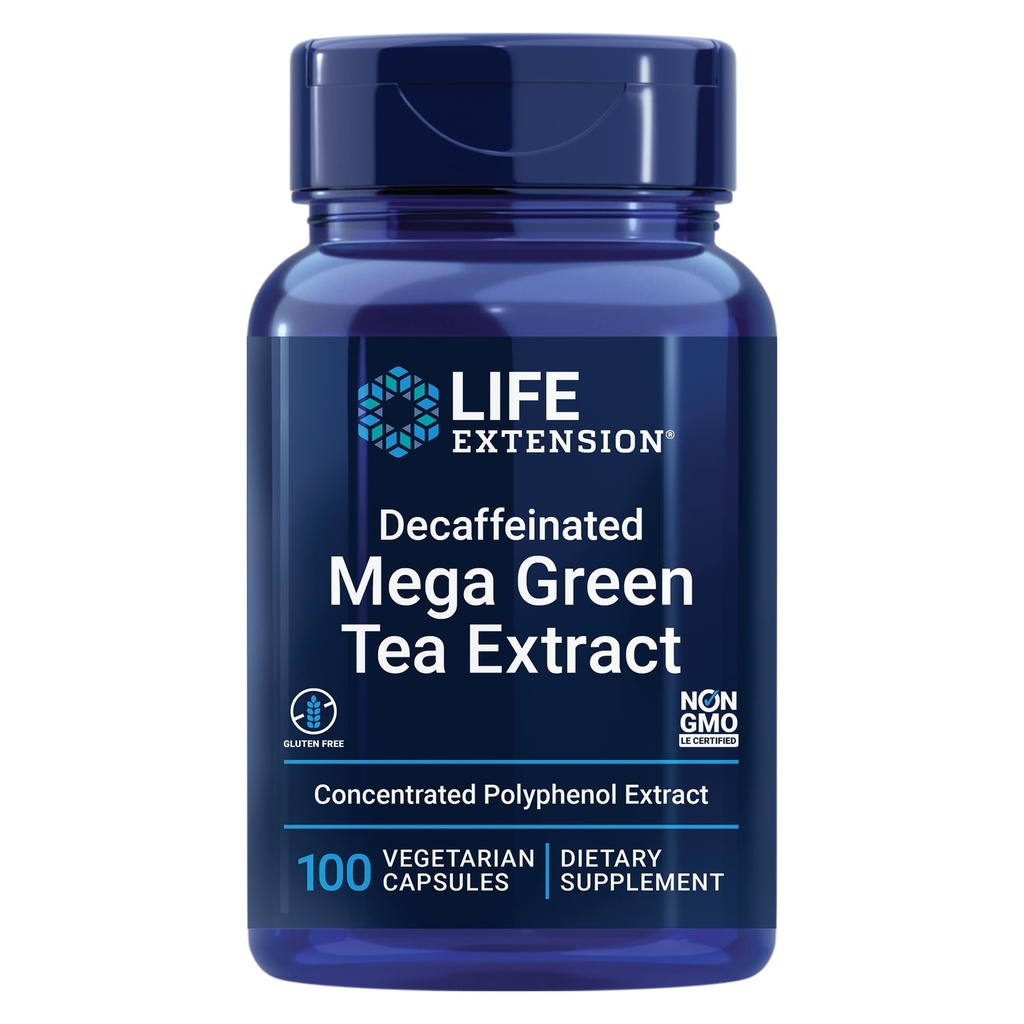 Life Extension Decaffeinated Mega Green Tea Extract - Polyfenol- Rich, Cell Health, Heart Health, Brain Health, Antioxidant Protection - Non- GMO, Gluten- Free, Vegetarian - 100 Kapsle