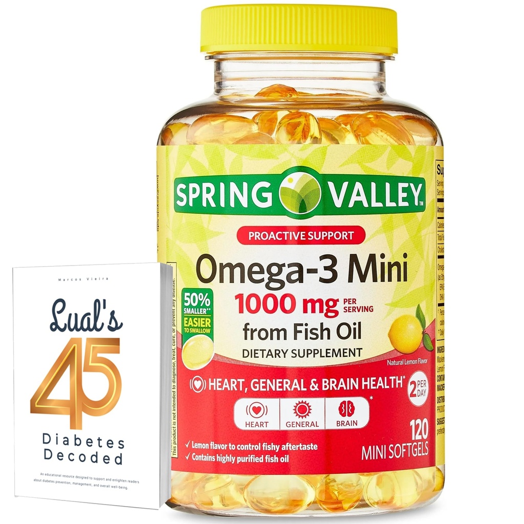 Spring Valley Omega-3 Mini z Fish Oil 1000 mg, 120 Počet, Dietní dodatek, Omega 3 Mini Softgels Bundle s Luall 45 Diabetes Decoded