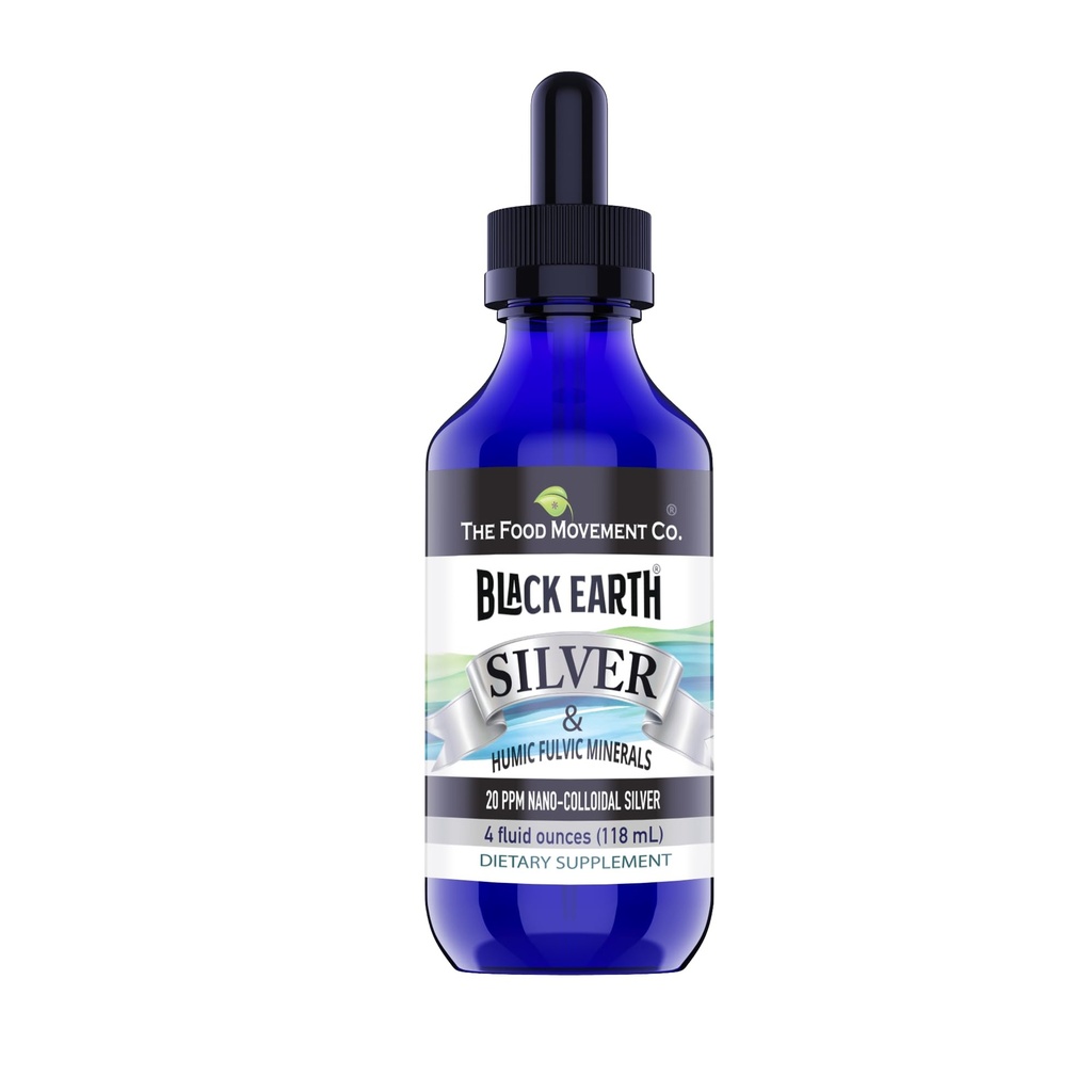 The Food Movement Co. Black Earth Silver 20ppm 4 oz Dropper - Vegan koloidní stříbrná kapalina s humic a Fulvic kyseliny a stopové minerály pro potravu, imunitní podporu a celé tělo zdraví