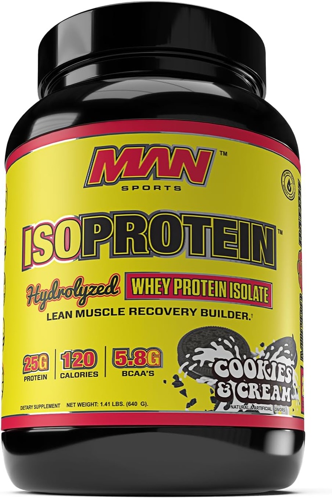 MAN Sports New Flavor ISO- protein Hydrolyzovaný 100% čistý syrovátkový protein izolát prášek, cookies a krém, 1,42 Pounds (20 dní dodávky)