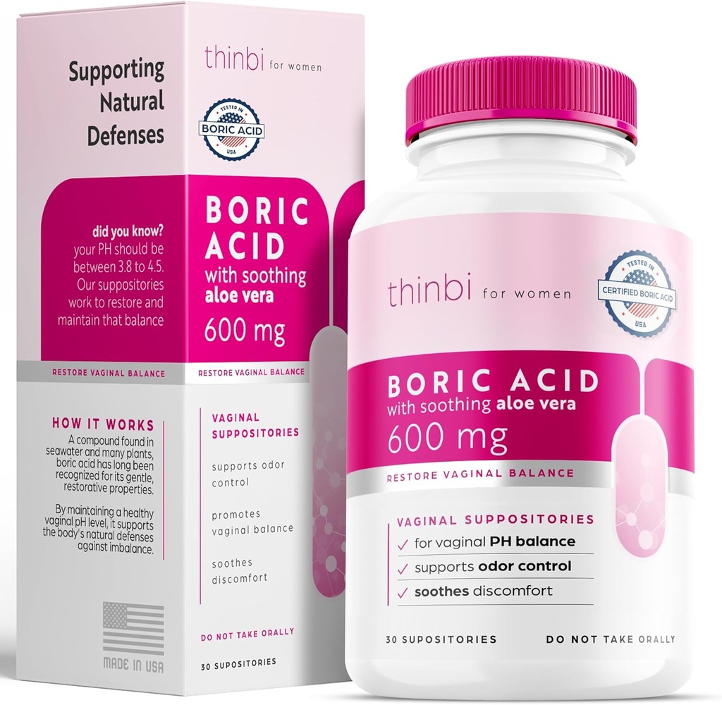 Thinbi Acid Suppositors pro ženy w / Aloe Vera - BV Léčba a PH Balance pro léčbu vaginózy - na podporu intimního zdraví w / Klinicky studoval Boric Acid 30 Počet