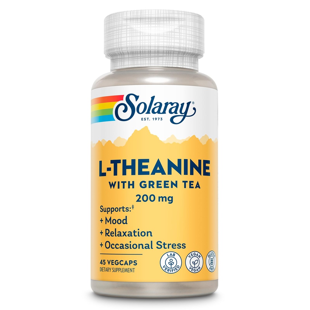 SOLARAY L- Theanine 200mg se zeleným čajem - Zdravá nálada, relaxační a příležitostná stresová podpora - Laboratoř ověřená, Vegan, Gluten zdarma - 45 Služeb, 45 VegCaps