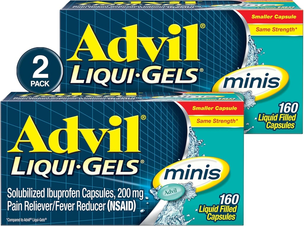 Advil Liqui- Gels minis Pain Reliever and Fever Reducer, Pain Medicine pro dospělé s Ibuprofen 200mg pro Pain Relief - 2x160 Tekuté plněné tobolky