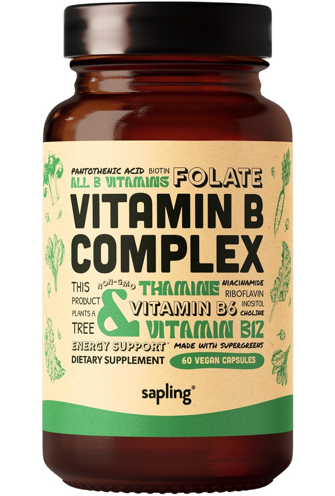 Sapling Vegan Vitamin B Complex - Celá směs potravin s esenciálními B vitaminy B1, B2, B3, B5, B6, B7, Folát, B12-60 Caps