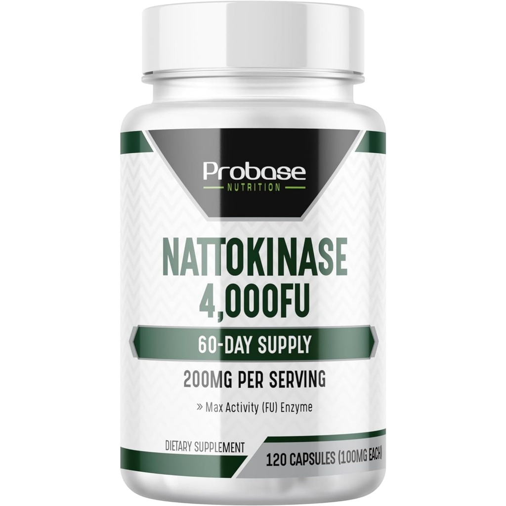 Probase Nutrition Nattokináza Dodatek 4000 FU Servings, 120 Kapsle (Odvozené z japonského Natto) Systémové enzymy pro kardiovaskulární a cirkulační podporu