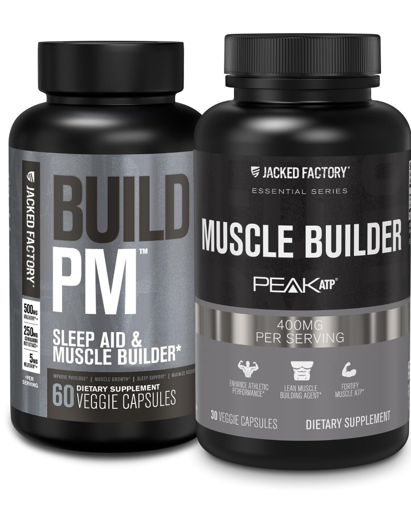 Jacked Factory Build PM Night Time Muscle Builder & Sleep Aid (60 Kapsle) & Essentials Muscle Builder - Denní síla Builder pro muže s vrcholu ATP (30 Kapsle)