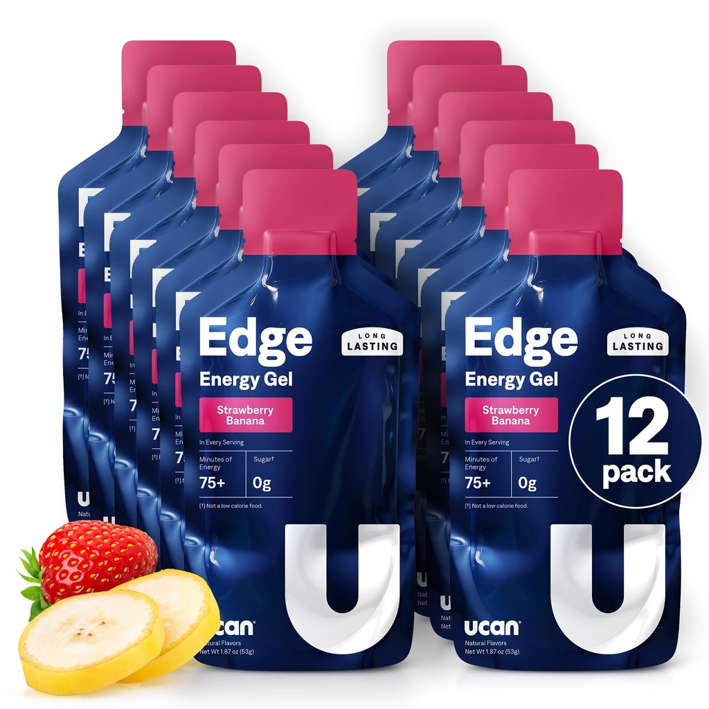 UCAN Edge Energy Gel Shots, Strawberry Banana (12, 2 Ounce Packets) pro běh, školení, cvičení, Fitness, Cyklistika, Crossfit current 124; Sugar- Free, Vegan, & Keto Friendly Energy