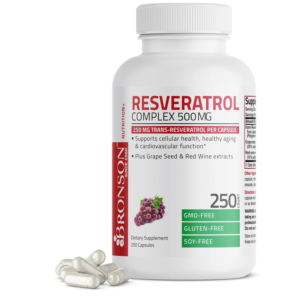 Bronson Resveratrol 500 Komplexní standardizované Trans- Resveratrol + Grape Seed & Red Wine Extract, 250 Kapsle