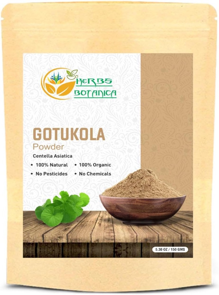 Byliny Botanica Gotu Kola Powder (Centella asiatica) 5.3 oz / 150 GMS pro čaj, růst vlasů & Wellness Zdravý nervový systém Jemně pozemní bylinný prášek pro DIY Krása a doplňky