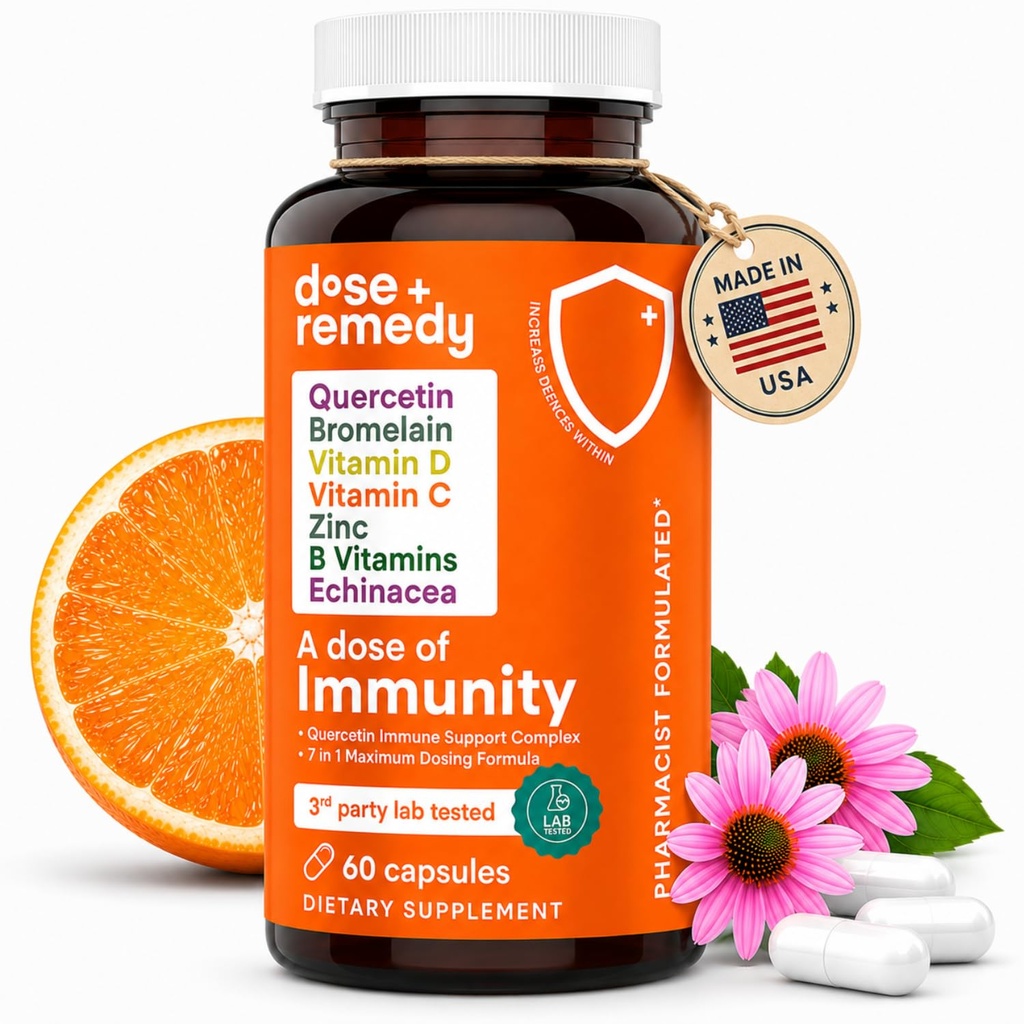 Dávka imunity Quercetin s vitaminem C a zinkem, Vitamin D, 500 mg Quercetin Bromelain s Echinacea & B Vitamíny, Imunitní podpora plic dodatek 7 v 1 Imunity Defense Booster (60 Počet)
