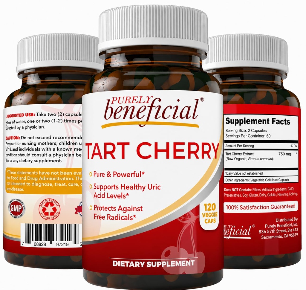 PURELY prospěšné Tart Cherry Kapsle 6000 mg, Extra síla Montmorency Tart Cherry Extract, Acid Flush pro Joint Comfort, Antioxidant & Imunitation Support, Non- GMO, Gluten Free, 120 Počet