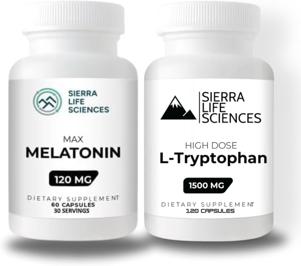 1500mg L- tryptofan & 120mg Melatonin Bundle 124; Vysoké dávkové kapsle pro podporu spánku a nálady 124; Gluten- Free, Non- GMO, Veg- Caps 124; 30 Servings Each
