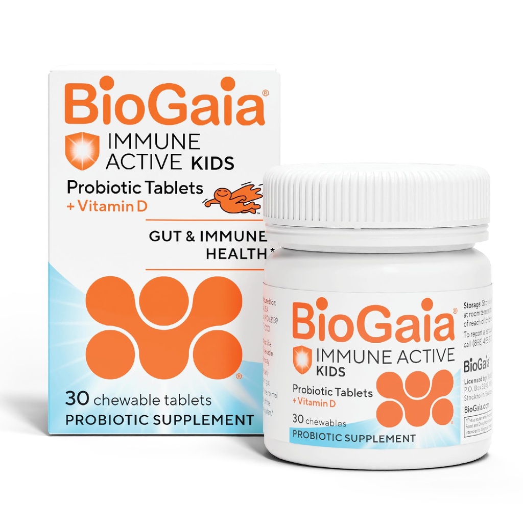 BioGaia Imunitative Active Kids S124; Probiotic + Vitamin D S124; pro stravovací a imunitní zdraví S124; Actions 3 + S124; Alergen, Dairy, Soy & Gluten Free S124; Trusted by Pediatricians S124; 30 Day Supply S124; Orange Ochucené Žvýkačky