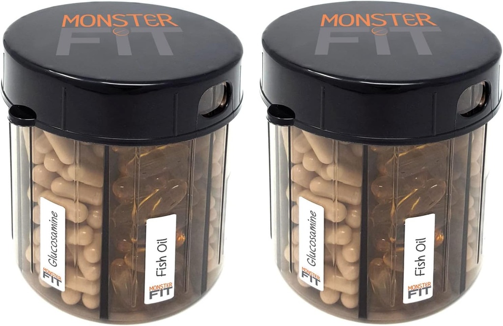 Monster Supplement Medikace Pill Dipenser s etiketami Complement - Extra velké Pill Container Lahve Handles Téměř libovolný dodatek - Snadný k použití (Monster Fit - 2 Pack)