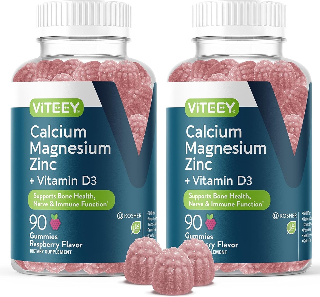 Viteey vápník hořčík zinek gumy s vitamínem D3 - podporuje zdraví kostí, nerv a imunitní funkce - vápník hořčík zinek D3 pro dospělé a dospívající - GMO zdarma - Žvýkací Raspberry ochucené gumy