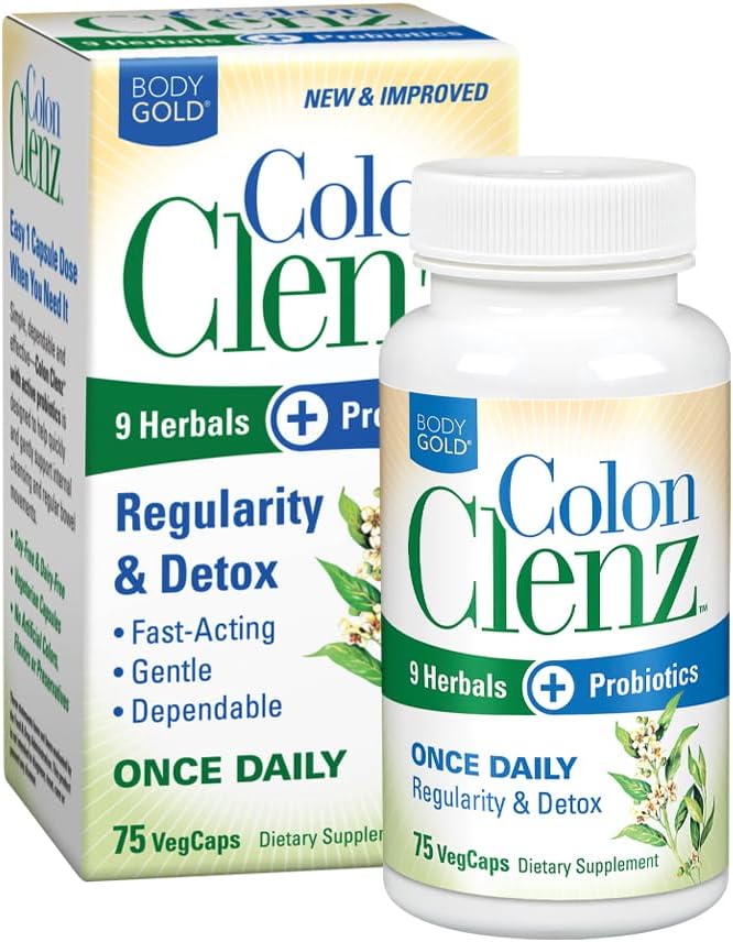 Body Gold Colon Clenz Regularity & Detox Formule 124; Denní podpora s 9 Byliny + Aktivní Probiotika 124; 75 CT
