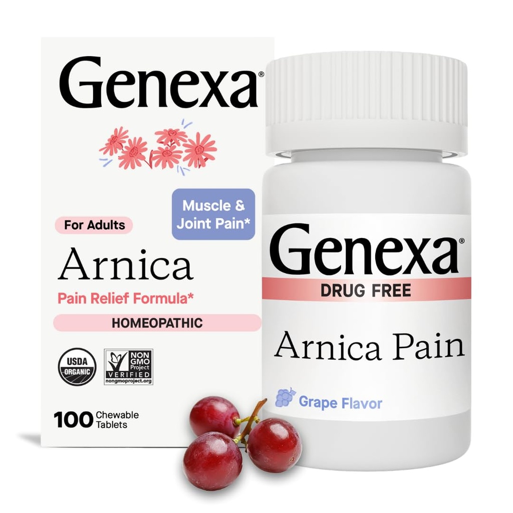 Genexa Arnica for Pain Relief CLANEF 124; Usnadnění svalové a kloubní bolesti, bolestivost a ztuhlost CLANEX 124; Snižuje podlitiny & Otok CLANEK 124; Organic Grape Flavor CLANEX 124; Homeopatická remedie Vyrobeno čisté CLANEK 124; 100 Žvýkací tablety CLANEK