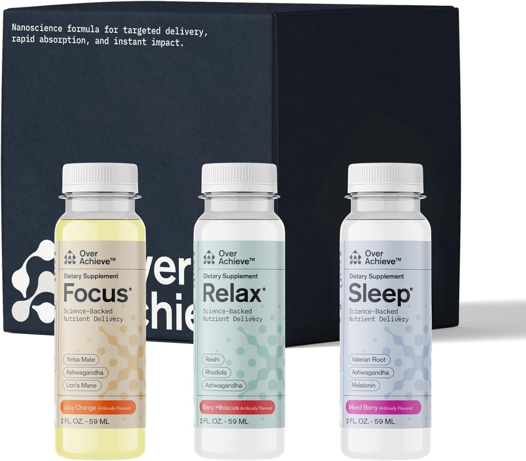 Doplněk Variety Pack s pokročilou nanovědou technologie, 12 Pack, Stress Calming Relax Drink, Sleep Aid Drink, Nootropní Mozek dodatek Focus Drink, 2 oz Shot