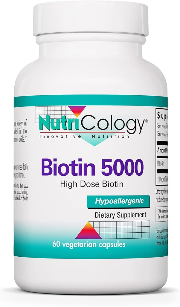 Nutricology Biotin 5000 dodatek - 5000mcg Biotin, Vitaminy pro vlasy, kůži a nehty, vysoká dávka, Vegetariánské kapsle, hypoalergenní, gluten zdarma - 60 Počet