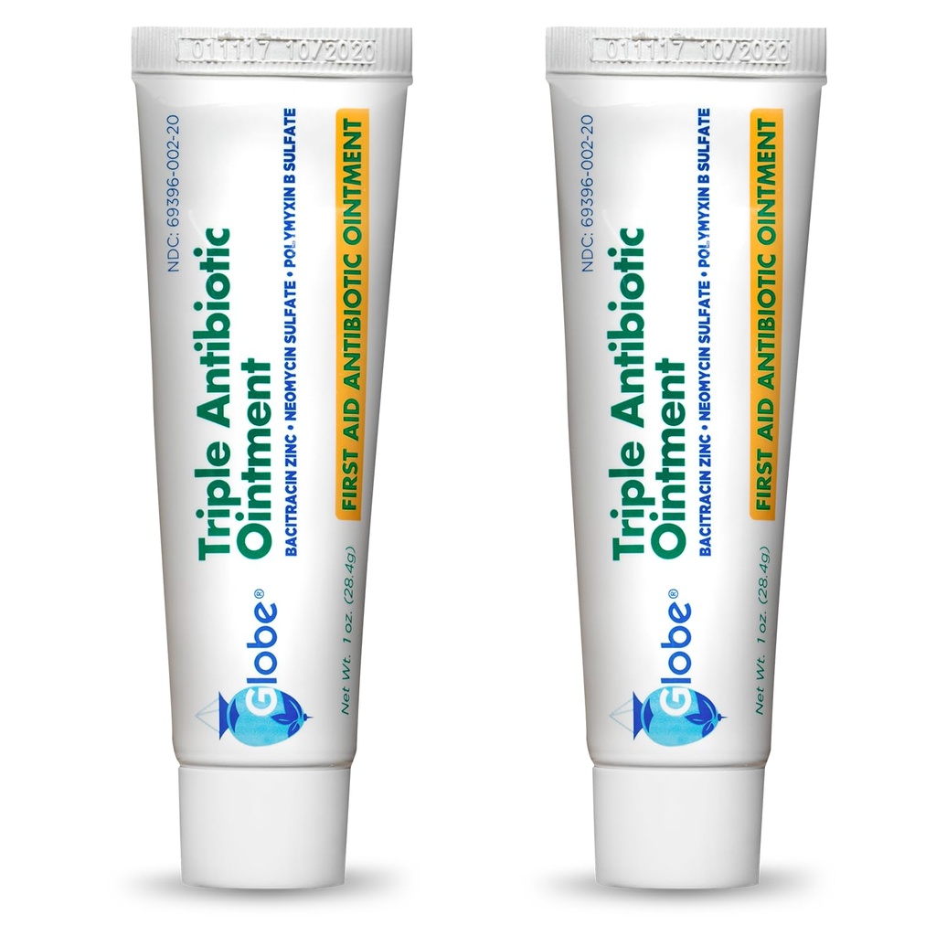 Globe Triple Antibiotic First Aid Ointment, 1 oz (2- Pack) First Aid Antibiotic Ointment, 24-hodinová ochrana proti infekci, Wound Care Treatment for Minor Scraps, Burns and Cutts