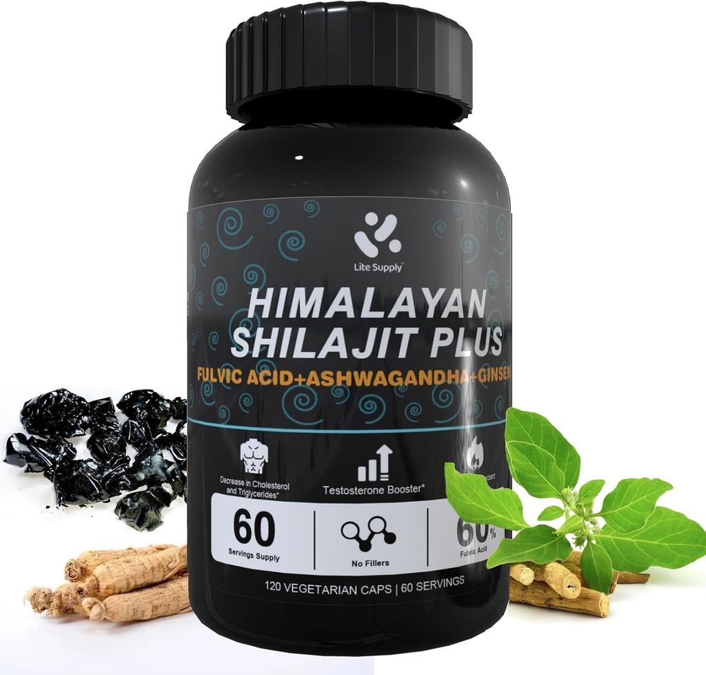 Shilajit Himalayan dodatek 60% Fulvic Acid, 120 Vegan Kapsle Dodávka s čistou přírodní Shilajit, Ashwagandha, Ginseng Extract - High in Trace Minerály pro muže Energy Support