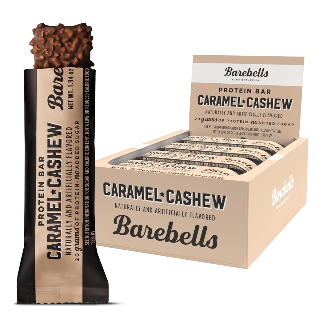 Barebells Protein Bars Caramel Kešu - 12 Počet, 20g Vysoké proteinové léčby - Chocolate Nutrition Bar s 1g Celkem Sugars - On- The-Go snídaně nebo Post- Workout Snack