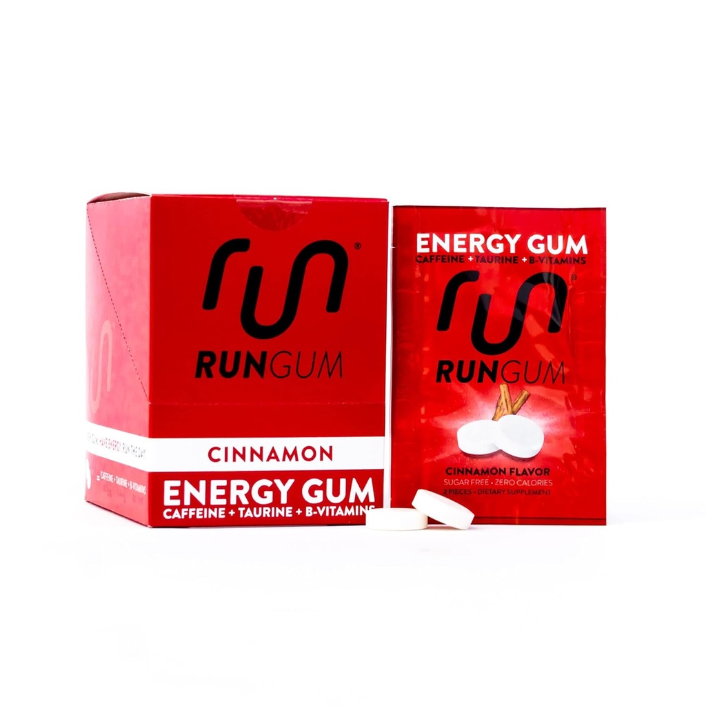 RUN GUM Skořice energie Gum 50mg kofein Taurin & B-Vitamíny na kus, 24 Kusy (balení po 12), 2 Kusy = 1 káva nebo energetický nápoj, cukr zdarma, nulová kalorie