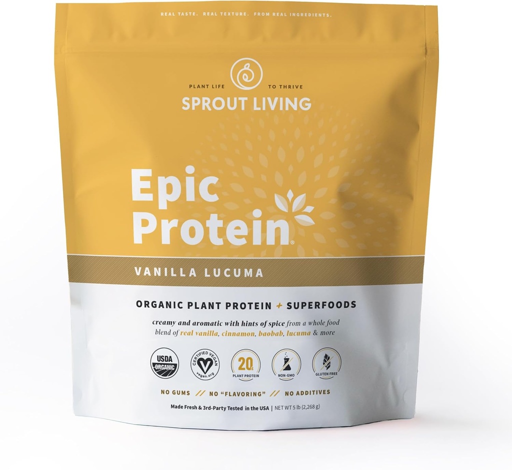 Sprout Living Epic Protein, Plant Based Protein & Superfoods Powder, Vanilla Lucuma Powder 124; 20 Grams Organic Protein Powder, Vegan, Non Dairy, Non- GMO, Gluten Free, Nízký cukr (5 Pound, 60 Servings)