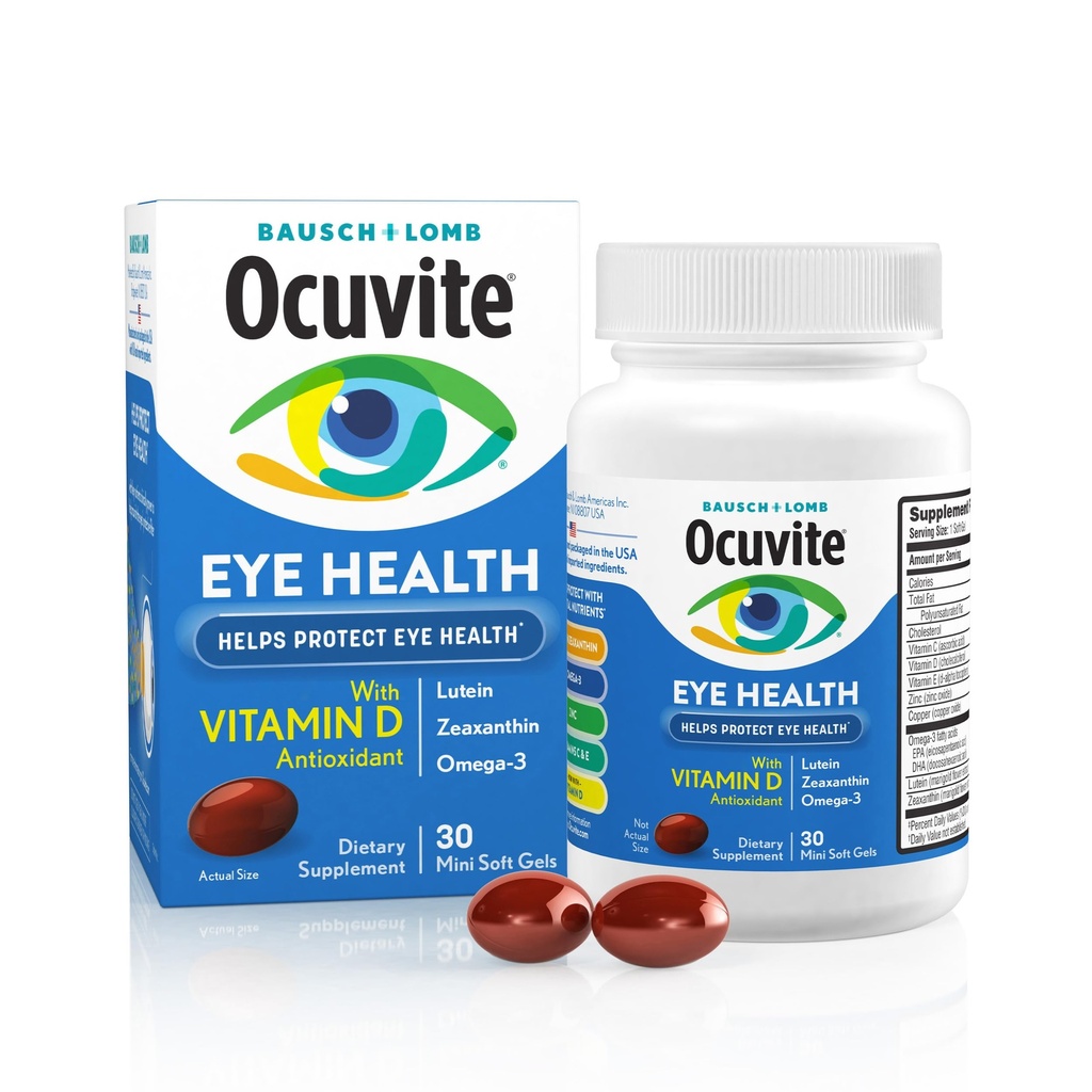 Ocuvite Eye Health, Lutein & Zeaxanthin dodatek, Vitamin s antioxidačním vitamínem D, Vitamin C, E & Omega-3, Pomáhá chránit zdraví očí, 30 Softgels