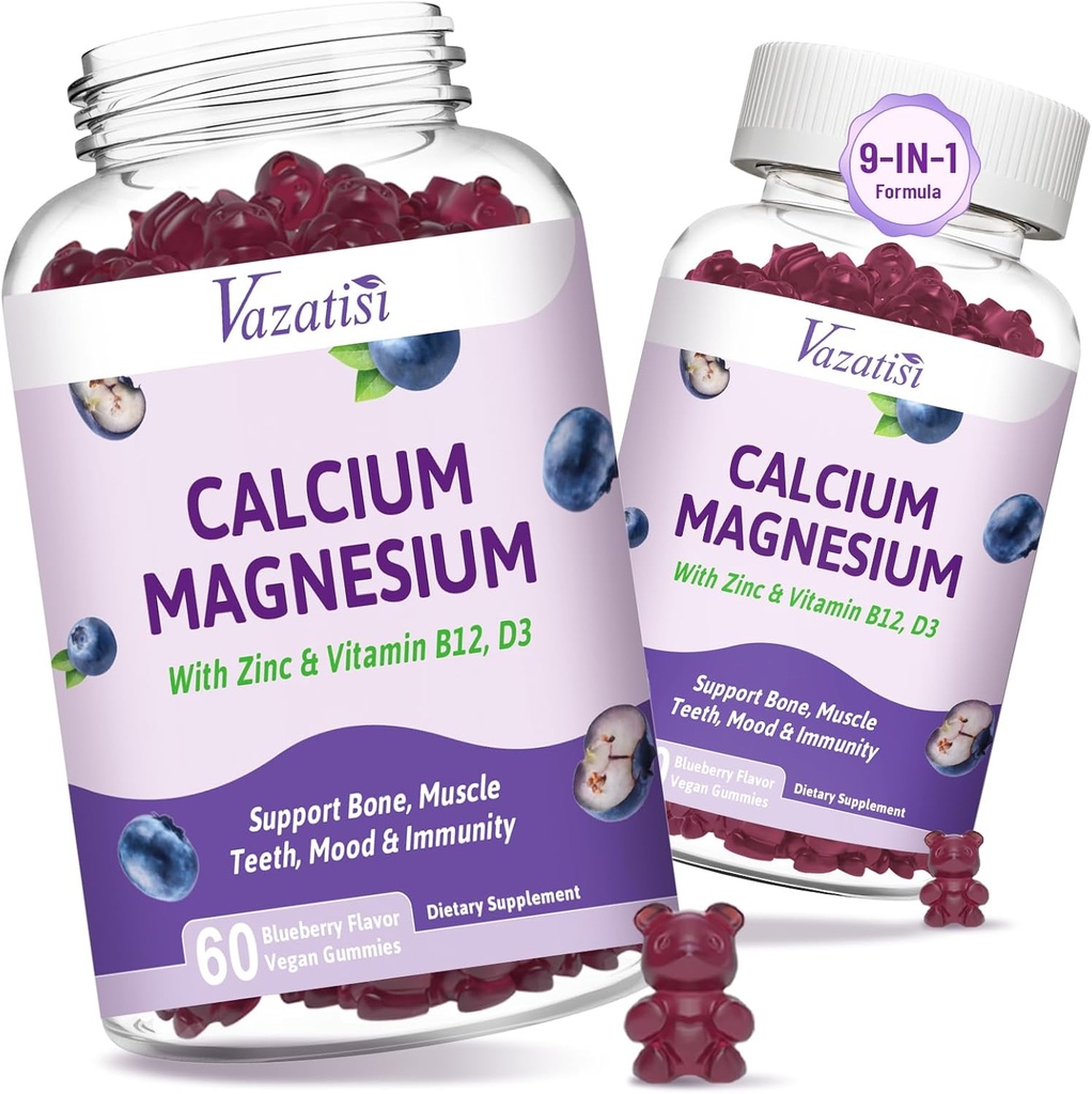 2 balení hořčík hořčík zinek gumy s vitamínem D3 & B12, bez cukru vápníku doplňky pro ženy muže, Vegan Blueberry Flavor