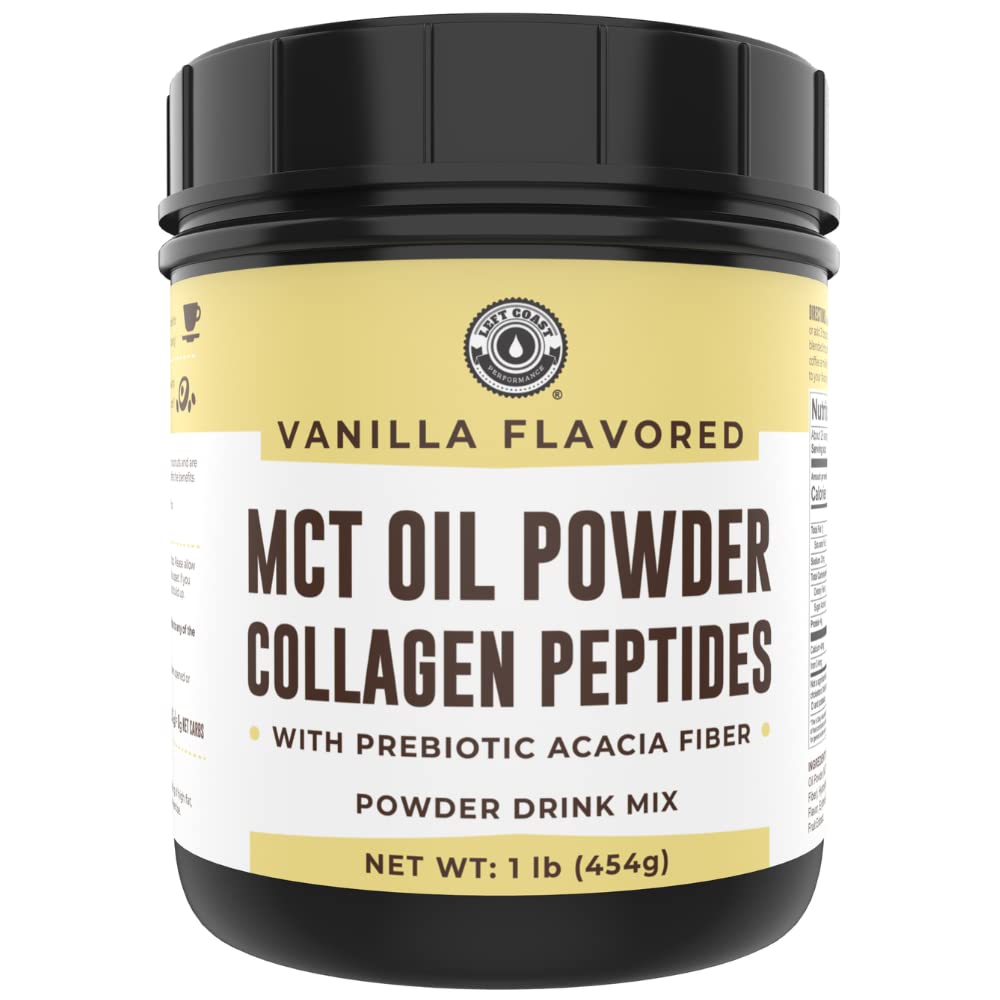 Keto MCT Oil Powder + Collagen + Prebiotic Acacia Fiber, Vanilla Flavor, 16oz. MCT Oil Powder z kokosů. Tráva Fed kolagen, ideální pro Keto, 0 Net Carb, Stevia, Erythritol, práškový nápoj