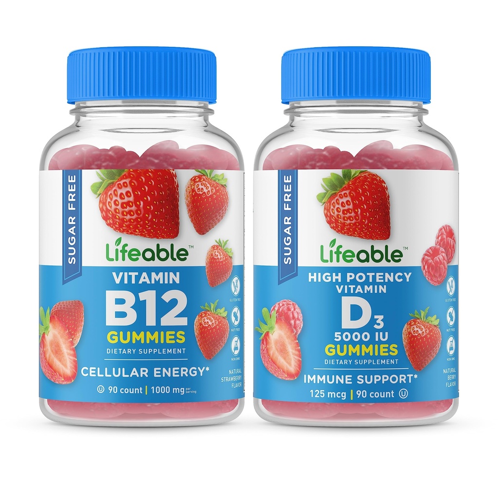 Živý cukr zdarma vitamin B12 + Vitamin D 5000 IU, Gummies Bundle - Great Ochutnávka, Vitamin dodatek, Lepek zdarma, GMO zdarma, Žvýkací žlab