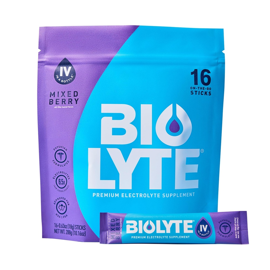 BIOLYTE IV Electrolyte Powder Packets, IV Liquid Drink Mix for Water, Doctor- Developed Hydration, HSA Schválená dehydratace Relief, Chemoterapie musí mít pro ženy a muže - Smíšené Berry (16 Sticks)