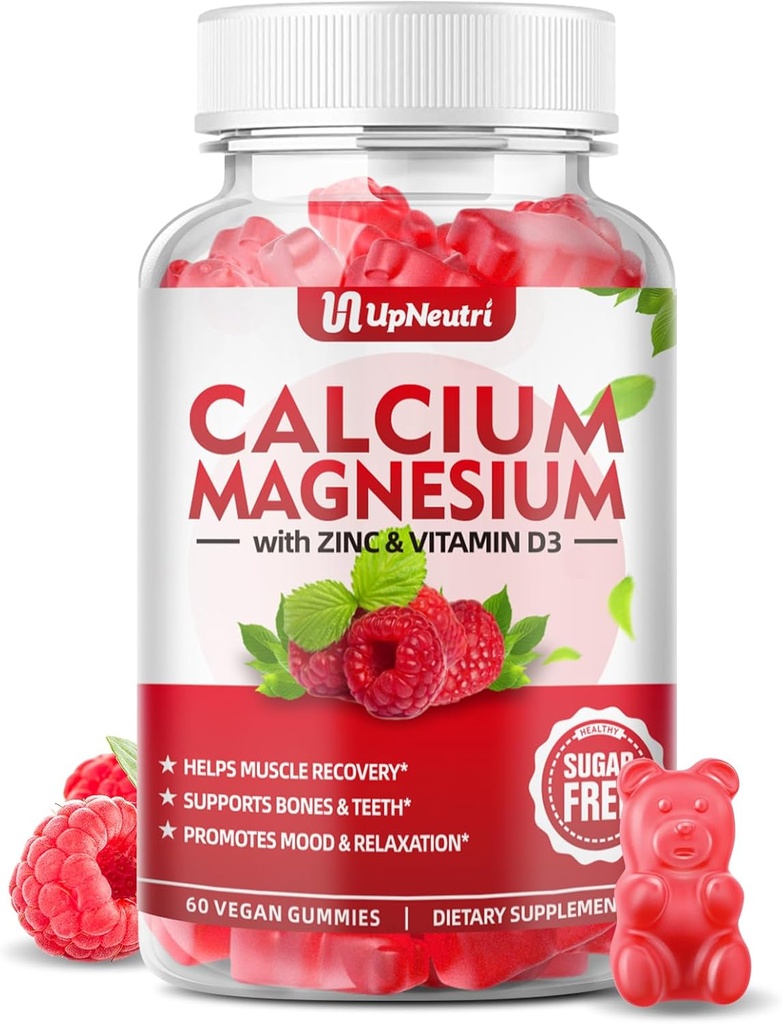 Vápník hořčík zinek s vitaminem D3 dodatek, Cukr bez vápníku gumy pro ženy muže, vysoká absorpce zinkové gumy pro kosti a svalovina a imunitní zdraví, Vegan Raspberry Flavor - 60 Počet