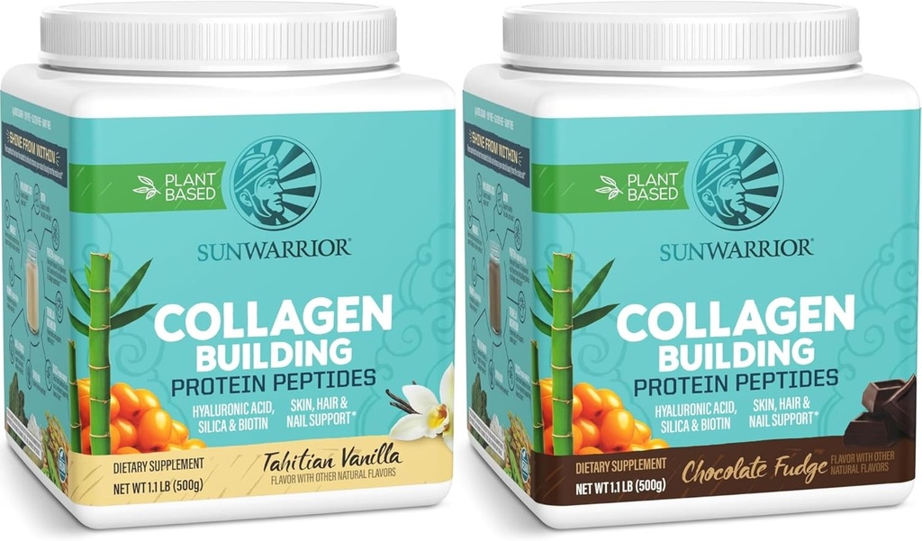 Chocolate & Vanilla Vegan Protein Powder Set 124; Bundle & Save Colagen 124; Plant Based Collagen Booster CLAN124; Non-GMO No Add Sugar Soy or Dairy (20 Servings Chocolate, 20 Servings Vanilla)