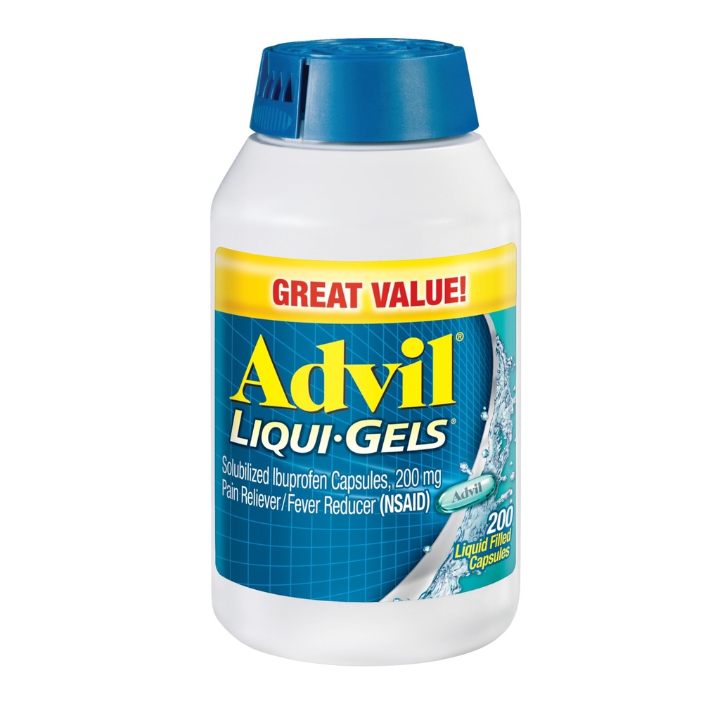 Advil Liqui- Gels Pain Reliever and Fever Reducer, Pain Medicine pro dospělé s Ibuprofen 200mg pro bolest hlavy, záda, menstruační bolest a kloubní bolest - 200 Tekuté plněné kapsle