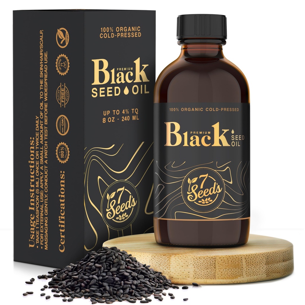 7 Semínka Cold Pressed Black Seed Oil - 240 ml Cold Pressed Nigella Sativa Liquid pro imunitní podporu, Inflamation Support, Digestion, Hair & Skin (8 Fl Oz)