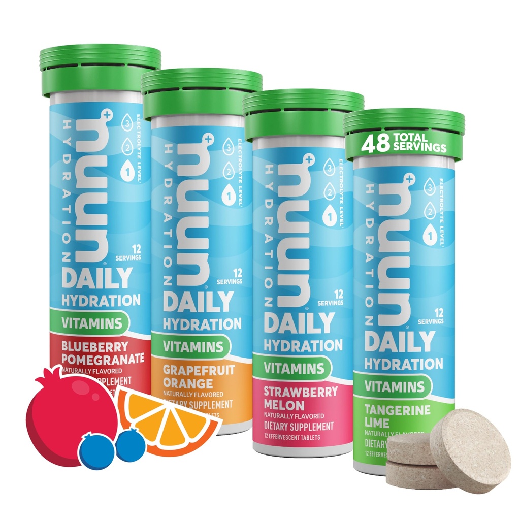Nuun Vitamíny Electrolyte Tablety s vitamínem D, C, E, A, & B6, kyselina listová, hořčík & 4 Ostatní esenciální elektrolyty, gluten zdarma & Vegan, Smíšené ovoce, 4 balení (48 Služeb celkem)