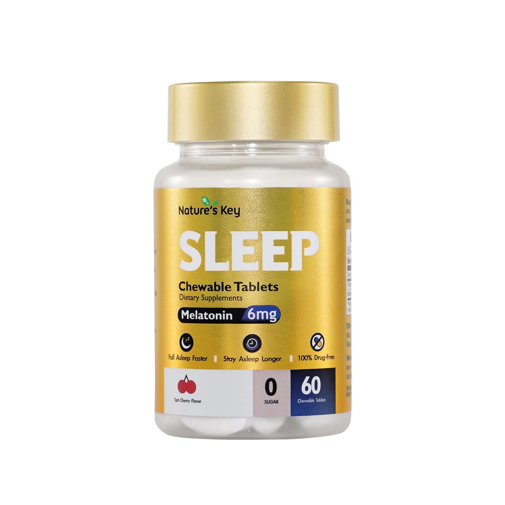 Klíč přírody Melatonin 6mg Žvýkací tablety, Cukr zdarma 124; Promotes Restful Sleep & Sleep Faster 124; Non-Habit Forming, s 6mg vitaminu B6 Dusium 124; 60 Tablety (Yummy Tart Cherry Flavor)