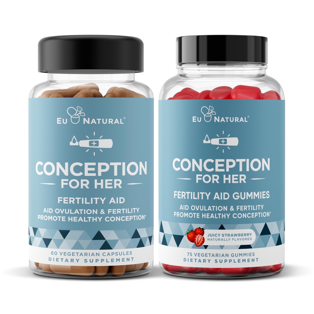 Eu Natural Conception for Her Capsules & Gummies Bundle - AIDS ovulace, Hormonální rovnováha, & Pravidelné Cycles - 60 Kapsle + 75 Jahodové ochucené gumy