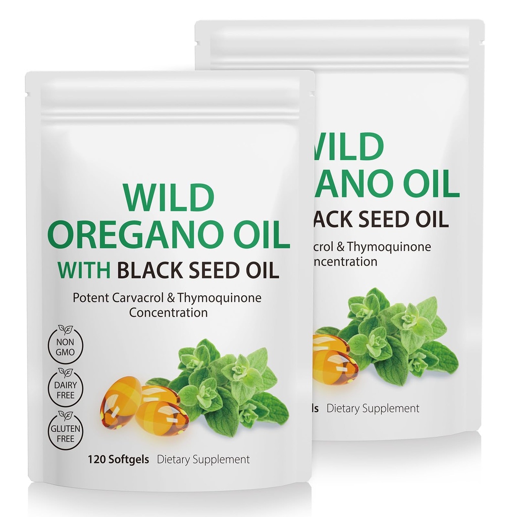 2 Pack Oil of Oregano Softgels, Oregano Oil Kapsle, 165mg Carvacol, 2 v 1 Propriated Oil Oregano s černým semenným olejem 200mg, Oregano Oil Supplement Kapsle