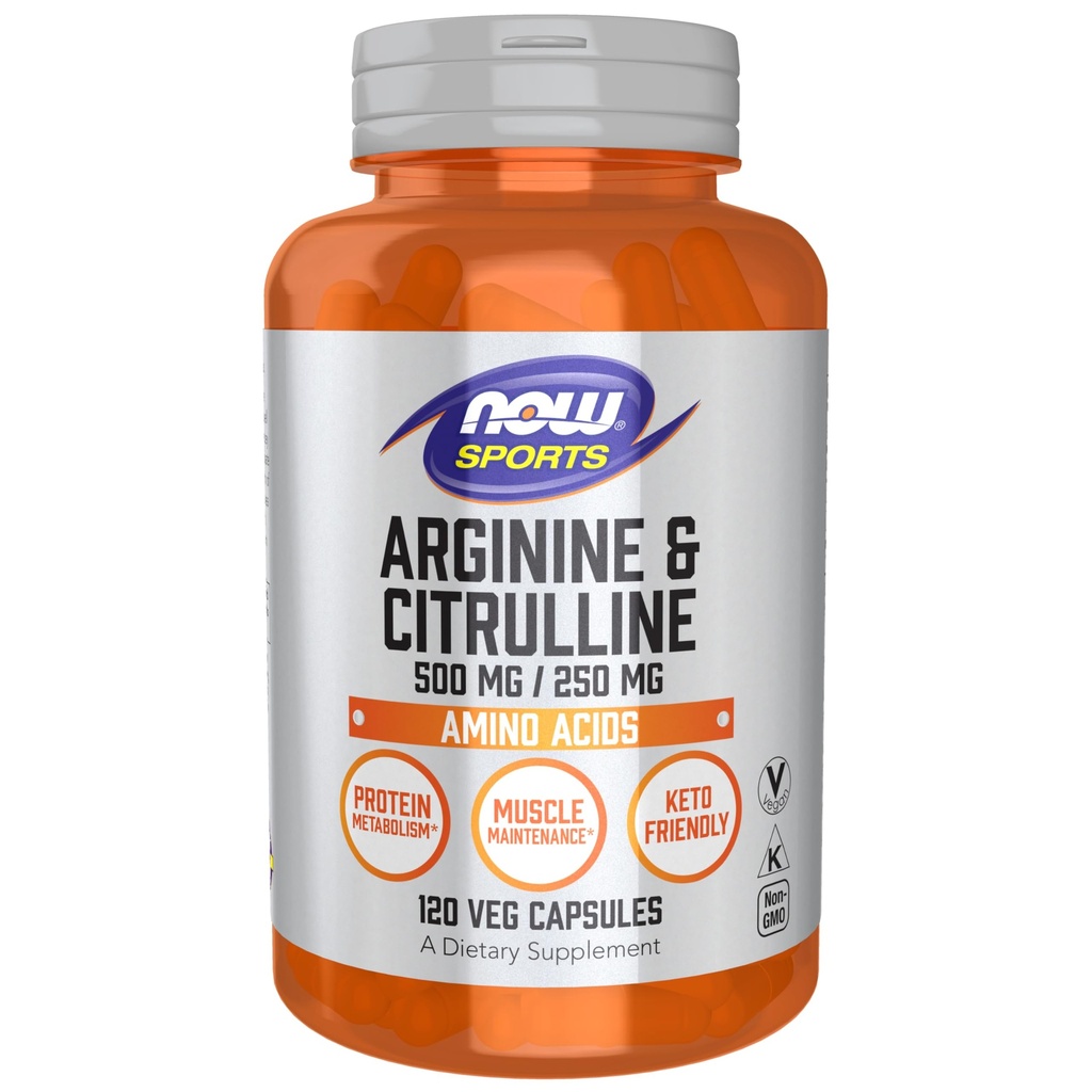 Nyní Sports Nutrition, Arginin & Citrulline 500 mg / 250 mg, aminokyseliny, 120 Veg Kapsle
