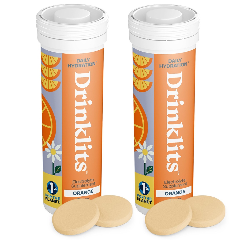 Drinklits Orange Daily Hydration Tablets (2) Tube Bundle Short124; Essential Electrolytes - 0g Sugar - Doplnění Hydratační nápoj 124; 20 Servings - 10 tablet per Tube