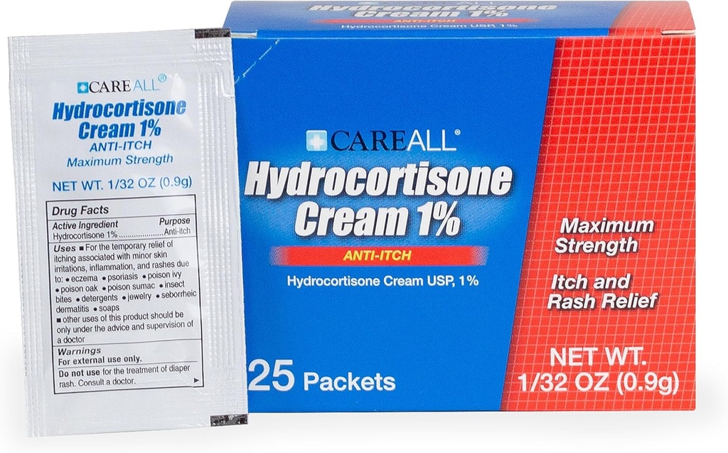 CareAll Hydrokortizon Cream 1% (25 Pack), 0, 9gr Foil Packet. Maximální síla Formulace, Anti- Itch Vyrážka kůže krém ulevuje svědění, ekzém, hmyzí bites, jed Ivy, a psoriáza