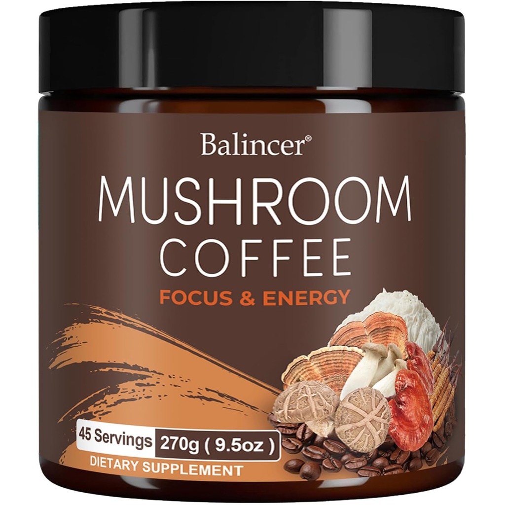 Houbová káva, 6 Adaptogenní houby s hřívou lva, Cordyceps, Turecko Tail & More, Instant Houbová káva pro soustředění, energie, imunitní a stravovací podpora