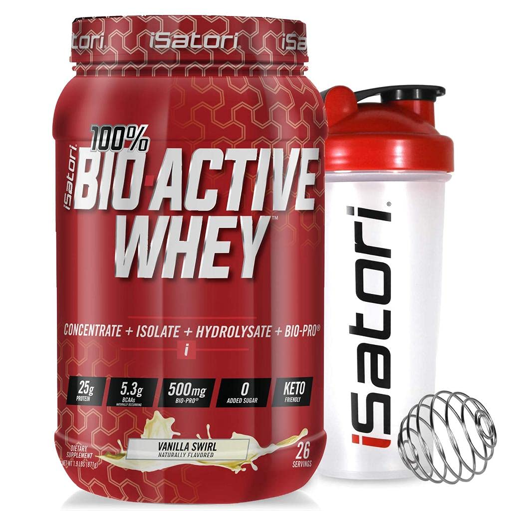 iSatori Bio- Active Whey Protein Powder - Vanilla Swirl (30 Servings) & iSatori Classic Milender Lahvička (Čirá láhev s červeným vrškem)