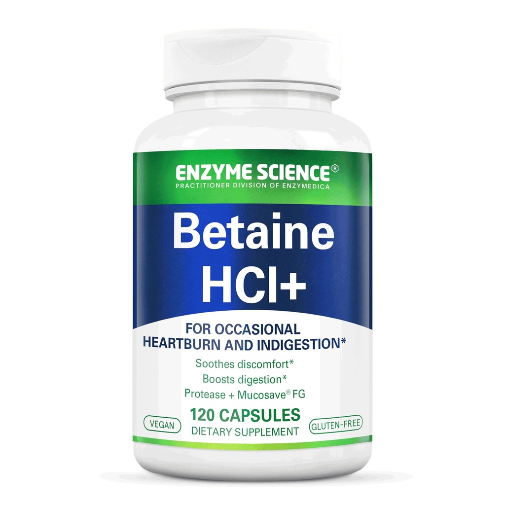 Enzyme Science Betaine HCl s Pepsinem - Doplněk pro nízkou kyselinu žaludeční - Betaine Hydrochloridový dodatek - Dědičné Enzymy - Enzimas Digestions - 120 Kapsle