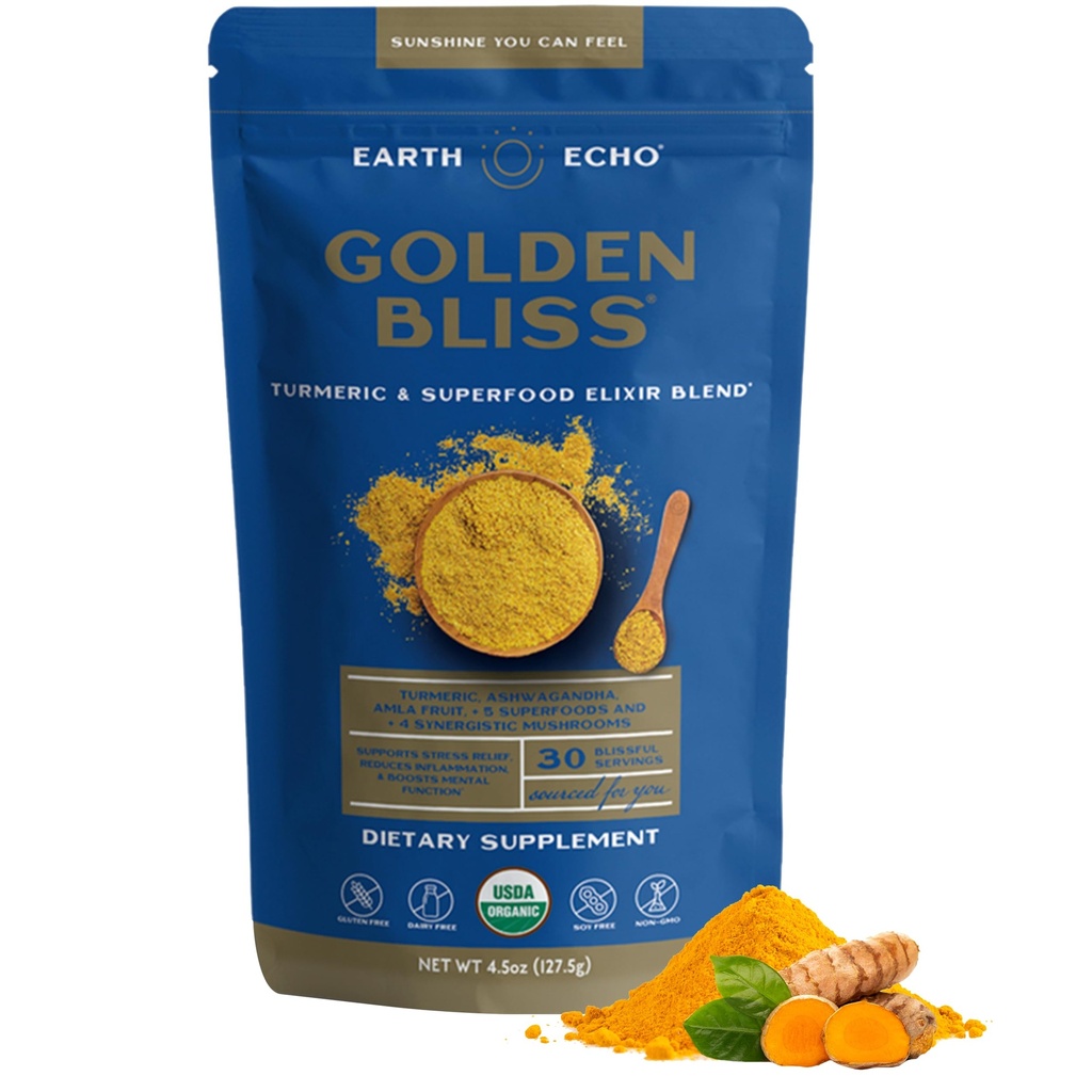 Earth Echo Golden Bliss, Organic Turmeric Superfood Elixir Blend with Ashwagandha Root, MCT Oil a 4 Houbová směs pro restful Sleep, Imunity Support and Reduces Craving, Dairy- Free, 30 Služeb