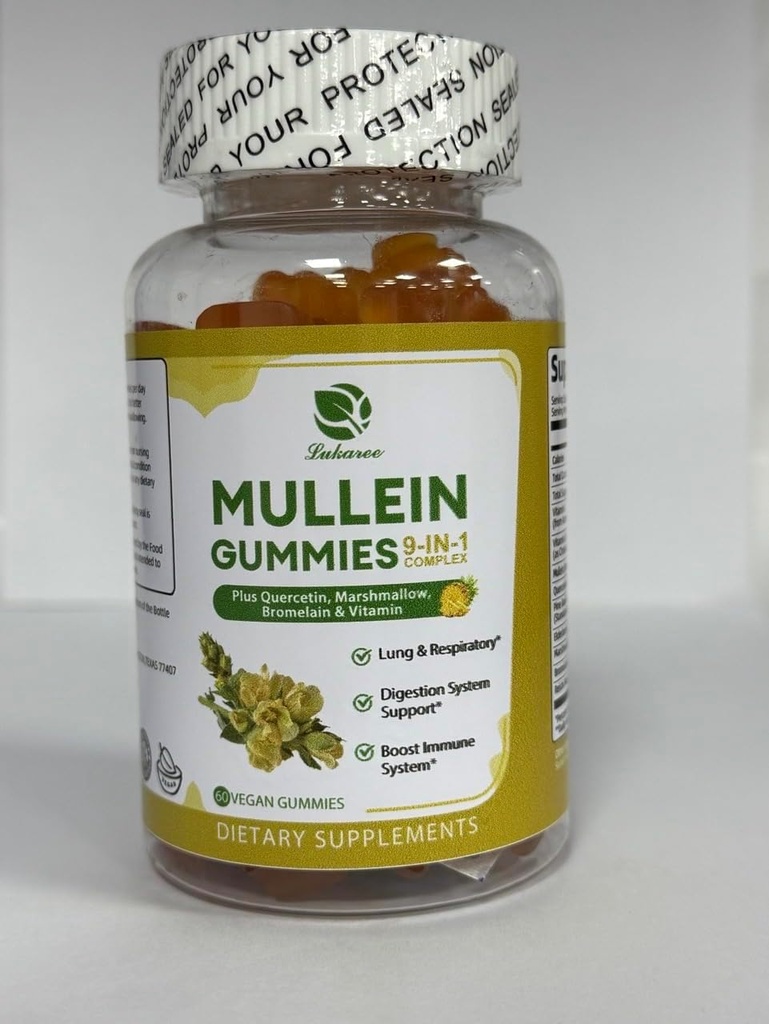Lukaree 9 in 1 Mullein Gummies, Mullein Leaf Extract w / Quercetin, Bromelain, Elderberry & Marshmallow for Immune, Vegan, 60 Count