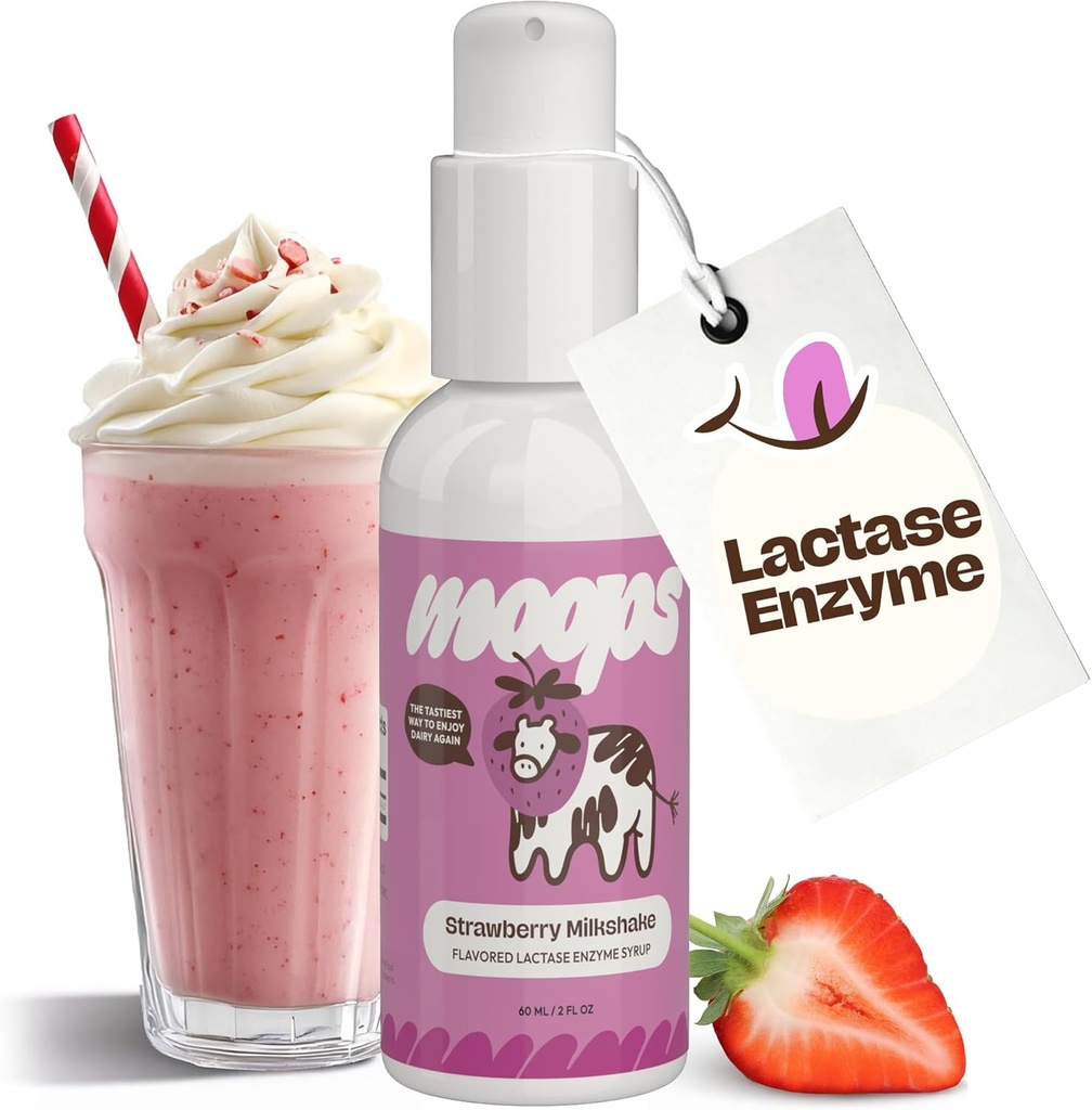 Moops Liquid Lactase Enzyme Syrup 2oz - Delicious Strawberry Milkshake Flavor - 10,000 FCC jednotek pro rychle působící mléčnou úlevu - Přizpůsobitelná dávka pro intoleranci laktózy - přenosné Twist- to- Lock čerpadlo